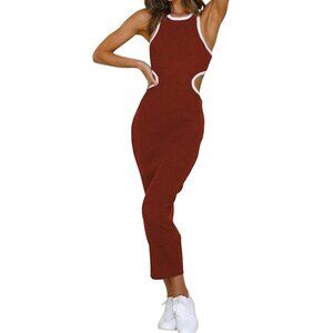 Womens Dresses Summer Mid Sleeveless Open Back Hollow Pullover Brown Size S